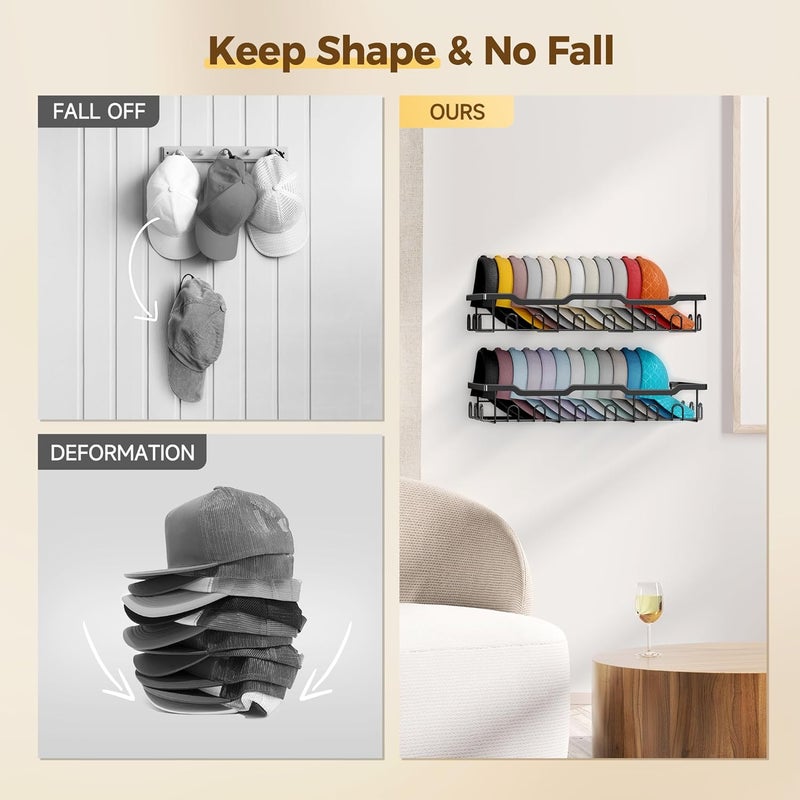 Nicetree Hat Racks for Baseball Caps Wall - Metal Hat Organizer for 48 Baseball Caps Holder, 2 Pack Hat Storage Organizer for Closet, Bedroom, Living Room - Image 3